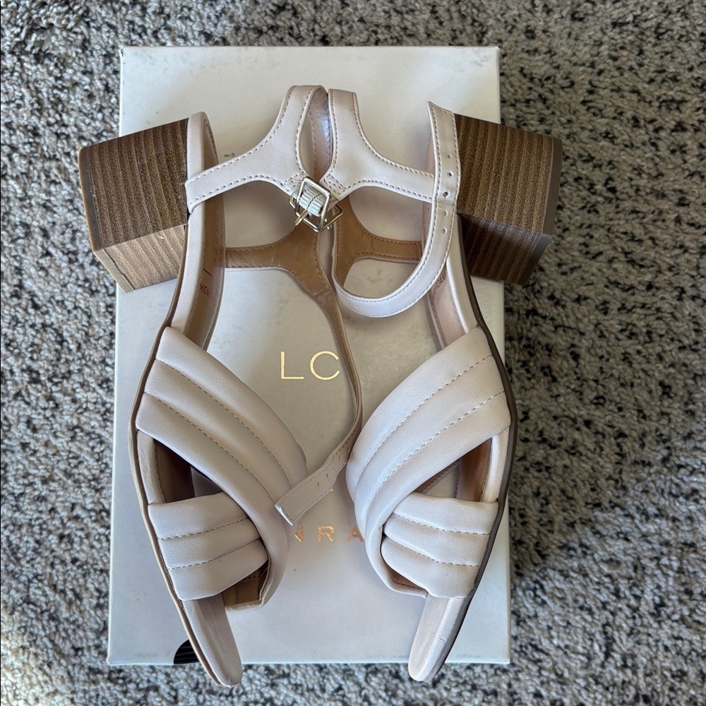 LC Lauren Conrad Cream Blush Pink Block Heel Sandals Size 9 - Picture 7 of 8